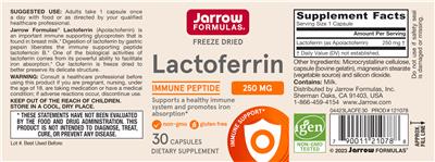 Jarrow Formulas Lactoferrin 250 mg source label used in the packaging illustration