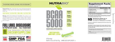 NutraBio BCAA 5000 Lemonade source label used in the packaging illustration