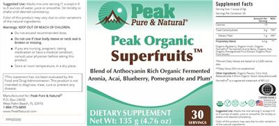 Peak Pure & Natural Peak Organic Superfruits source label used in the packaging illustration