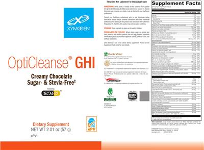 XYMOGEN OptiCleanse GHI Creamy Chocolate Sugar-& Stevia-Free source label used in the packaging illustration