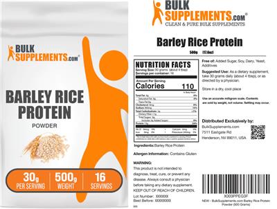 BulkSupplements.com Barley Rice Protein Powder 30 g source label used in the packaging illustration