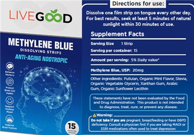 LiveGood Methylene Blue source label used in the packaging illustration