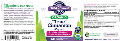 Oregon's Wild Harvest 'True' Cinnamon (Ceylon) source label used in the packaging illustration