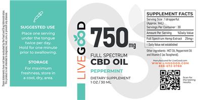 LiveGood Full Spectrum CBD Oil Peppermint 750 mg source label used in the packaging illustration