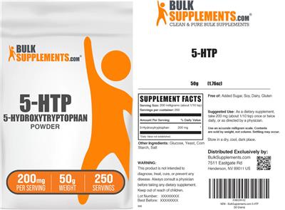 BulkSupplements.com 5-HTP Powder 200 mg source label used in the packaging illustration