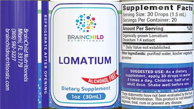 Brainchild Nutritionals Lomatium Alcohol Free source label used in the packaging illustration