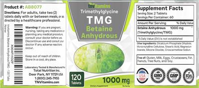 tnvitamins Trimethylglycine TMG 1000 mg source label used in the packaging illustration