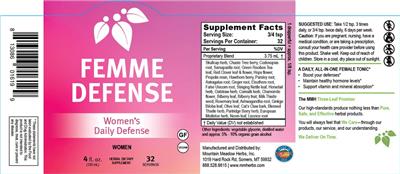 Mountain Meadow Herbs Femme Defense source label used in the packaging illustration