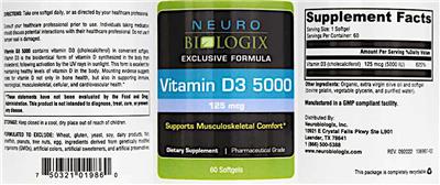 Neurobiologix Vitamin D3 5000 125 mcg source label used in the packaging illustration