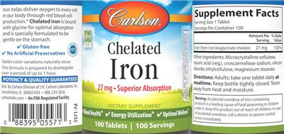Carlson Chelated Iron 27 mg source label used in the packaging illustration