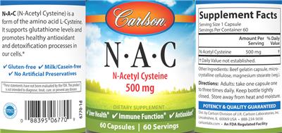 Carlson N-A-C 500 mg source label used in the packaging illustration
