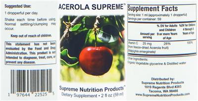 Supreme Nutrition Products Acerola Supreme source label used in the packaging illustration