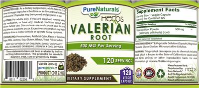 Pure Naturals Herbs Valerian Root 500 mg source label used in the packaging illustration