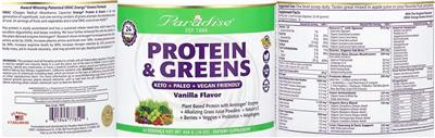 Paradise Protein & Greens Vanilla Flavor source label used in the packaging illustration