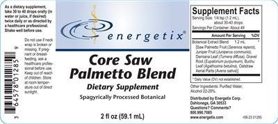 Energetix Core Saw Palmetto Blend source label used in the packaging illustration