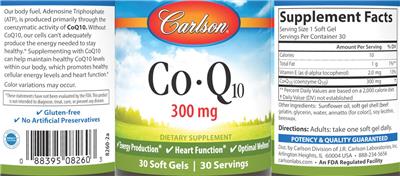 Carlson Co-Q10 300 mg source label used in the packaging illustration