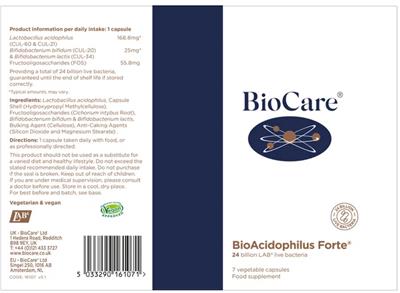 BioCare BioAcidophilus Forte source label used in the packaging illustration
