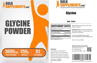 BulkSupplements.com Glycine Powder 3000 mg source label used in the packaging illustration