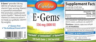 Carlson E-Gems 536 mg (800 IU) source label used in the packaging illustration
