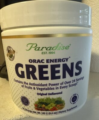 Paradise ORAC Energy Greens source label used in the packaging illustration