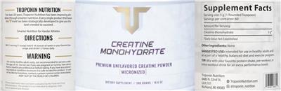 Troponin Nutrition Creatine Monohydrate Unflavored source label used in the packaging illustration