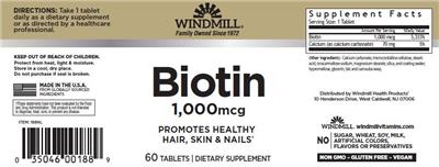 Windmill Biotin 1000 mcg source label used in the packaging illustration