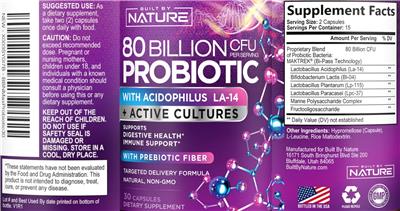 Built By Nature 80 Billion CFU Probiotic source label used in the packaging illustration