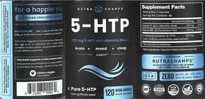 NutraChamps 5-HTP source label used in the packaging illustration