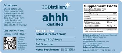 CBDistillery ahhh distilled CBD Oil 500 mg Full Spectrum Natural Hemp Flavor source label used in the packaging illustration