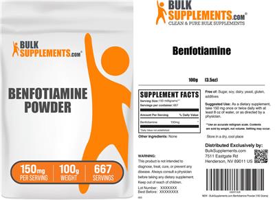 BulkSupplements.com Benfotiamine Powder 150 mg source label used in the packaging illustration