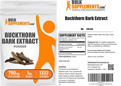 BulkSupplements.com Buckthorn Bark Extract Powder 750 mg source label used in the packaging illustration