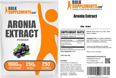 BulkSupplements.com Aronia Extract Powder 1000 mg source label used in the packaging illustration