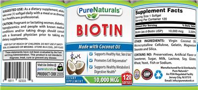 Pure Naturals Biotin 10000 mcg source label used in the packaging illustration
