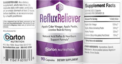 Barton Nutrition Reflux Reliver source label used in the packaging illustration