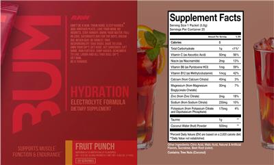 RAW Bum Hydration Fruit Punch source label used in the packaging illustration