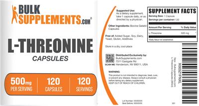 BulkSupplements.com L-Threonine 500 mg Capsules product packaging