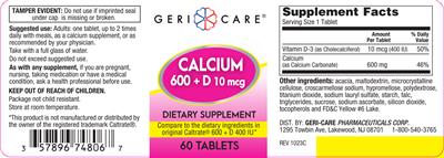 Geri-Care Calcium 600 + D 10 mcg source label used in the packaging illustration