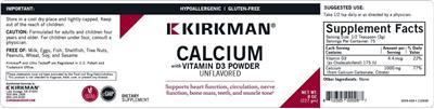 Kirkman Calcium with Vitamin D3 Powder Unflavored source label used in the packaging illustration