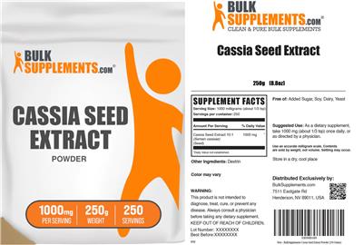 BulkSupplements.com Cassia Seed Extract Powder 1000 mg source label used in the packaging illustration