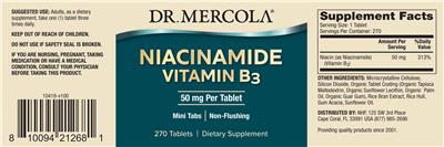 Dr. Mercola Niacinamide Vitamin B3 50 mg source label used in the packaging illustration
