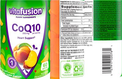 vitafusion CoQ10 200 mg Natural Peach Flavor source label used in the packaging illustration