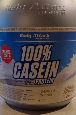 Body Attack Sports Nutrition 100% Casein Protein Vanilla Cream source label used in the packaging illustration