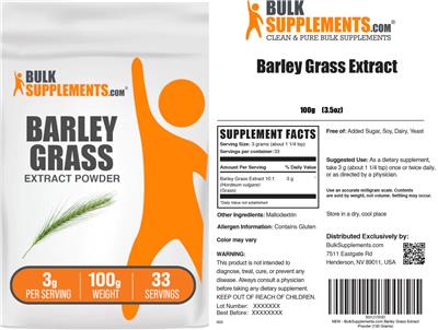BulkSupplements.com Barley Grass Extract Powder 3 g source label used in the packaging illustration