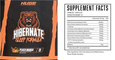 Huge Supplements Hibernate Sleep Formula Peach Mango source label used in the packaging illustration