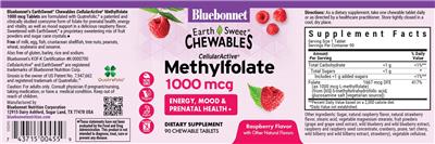Bluebonnet EarthSweet Chewables CellularActive Methylfolate 1000 mcg Raspberry Flavor source label used in the packaging illustration