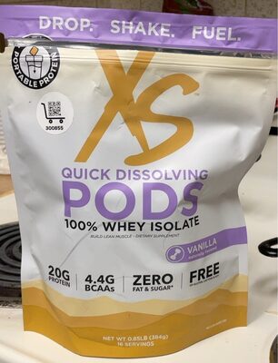 XS 100% Whey Isolate Quick Dissolving Pods Vanilla source label used in the packaging illustration