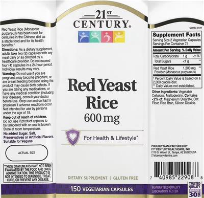 21st Century Red Yeast Rice 600 mg source label used in the packaging illustration