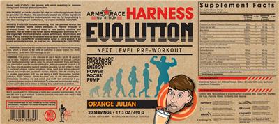 Arms Race Nutrition Harness Evolution Orange Julian source label used in the packaging illustration