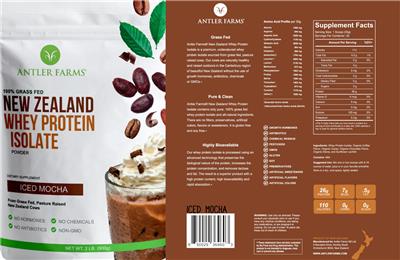 Antler Farms New Zealand Whey Protein Isolate Iced Mocha source label used in the packaging illustration
