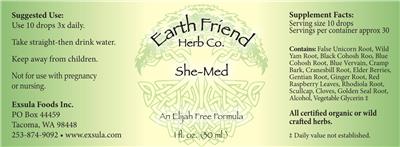 Earth Friend Herb Co. She-Med source label used in the packaging illustration